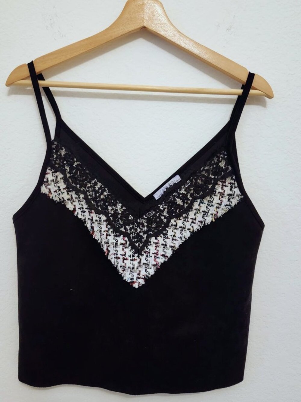 Zara Basic Black Cami Top Lace Tweed Trim Sz M